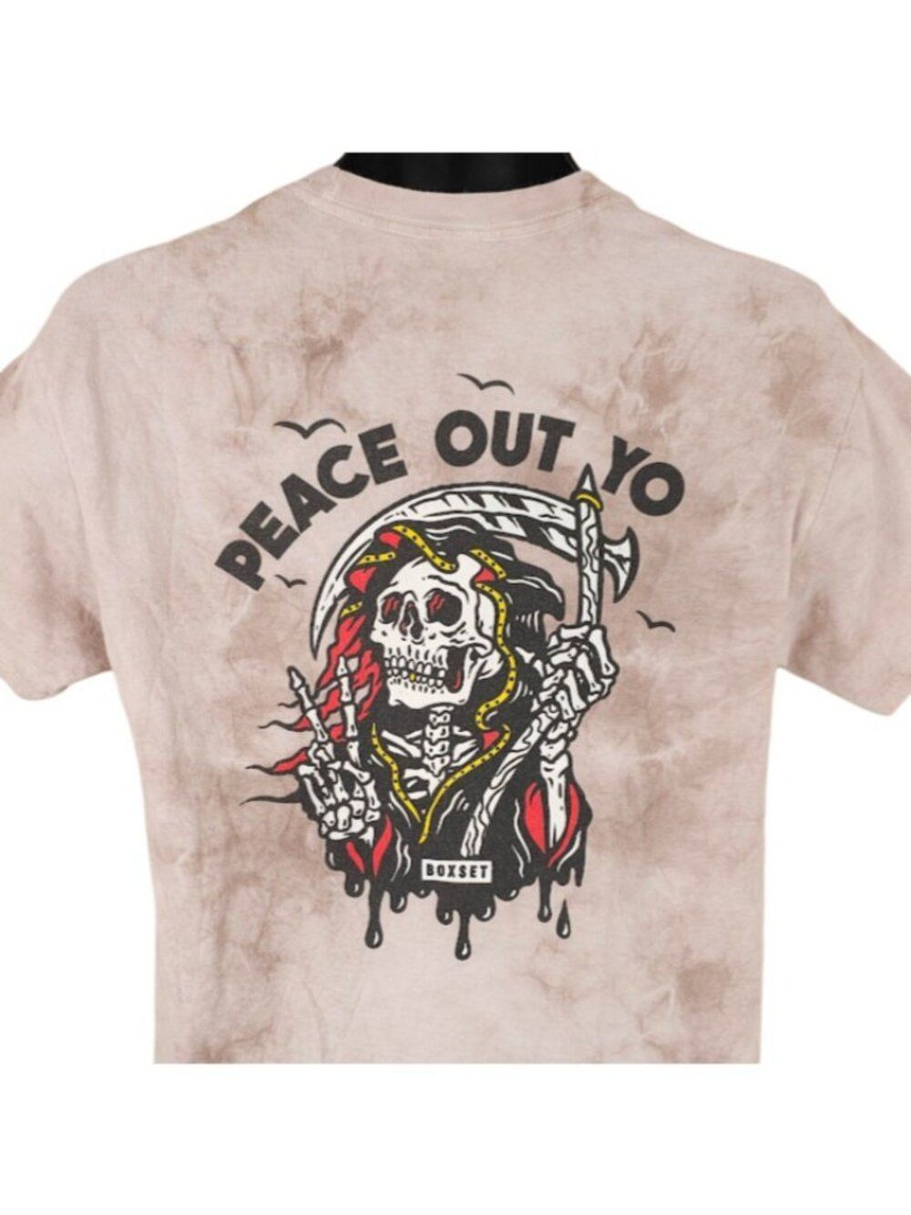 Grim Reaper T Shirt Mens Size Medium Beige Skeleton Peace Out Yo Boxset